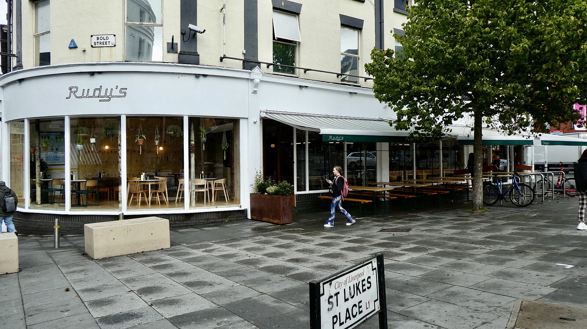 An independent restaurant with outdoor benches at the top of Bold Street in Liverpool