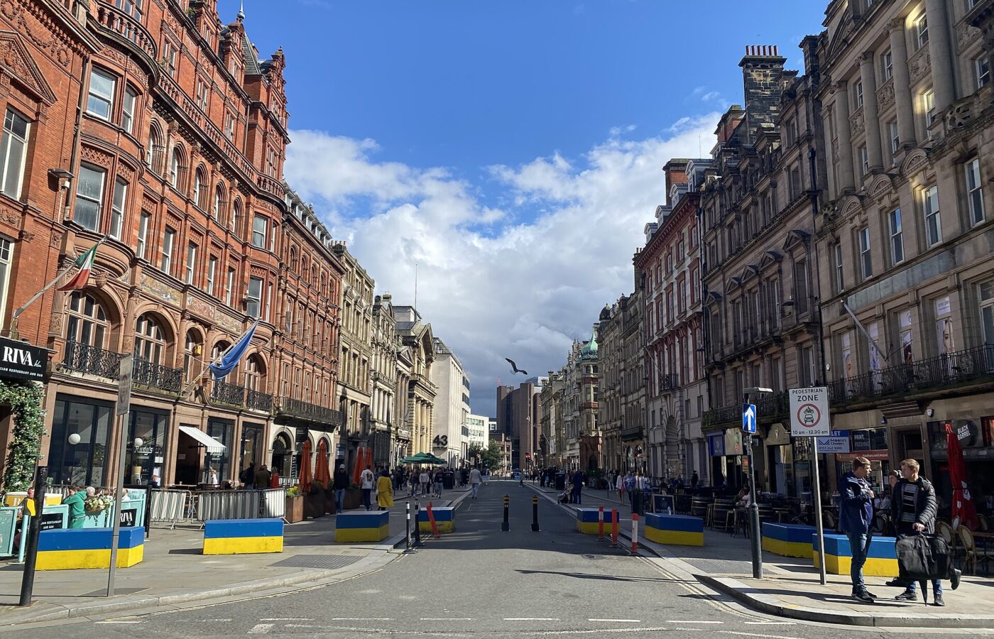 Castle Street in Liverpool with restaurant tables outside handsome Victorian buildings