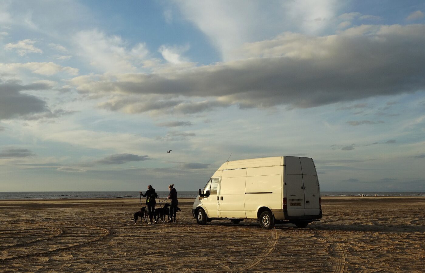 Two dog walkers with several dogs on the wide sands of Ainsdale beach beside a parked white van, under a big sky of cloud