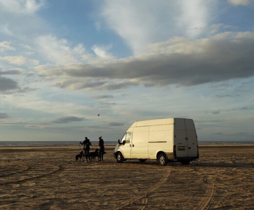 Two dog walkers with several dogs on the wide sands of Ainsdale beach beside a parked white van, under a big sky of cloud