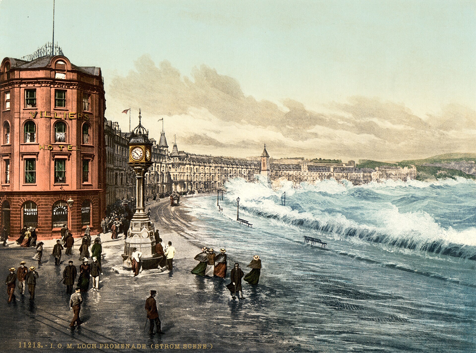 Isle of Man Ferry from Liverpool: Day Trips & Sailings 4 A hand-coloured 1890s photochrom of Loch Promenade in Douglas, Isle of Man, with waves crashing over the sea wall, Victorian holidaymakers in hats and long skirts, a clock tower and the Villiers Hotel