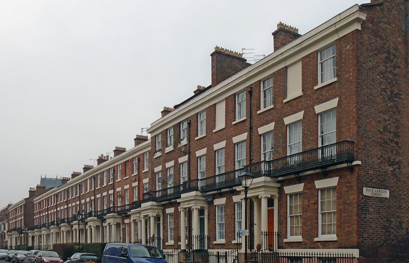 Georgian Quarter Liverpool: Hope Street, Cathedrals & Terraces 4 A long Georgian brick terrace with iron balconies running up Huskisson Street in Liverpool towards the cathedral