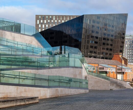 The wide stone and glass ramp leading up to the main entrance of the Museum of Liverpool at the Pier Head