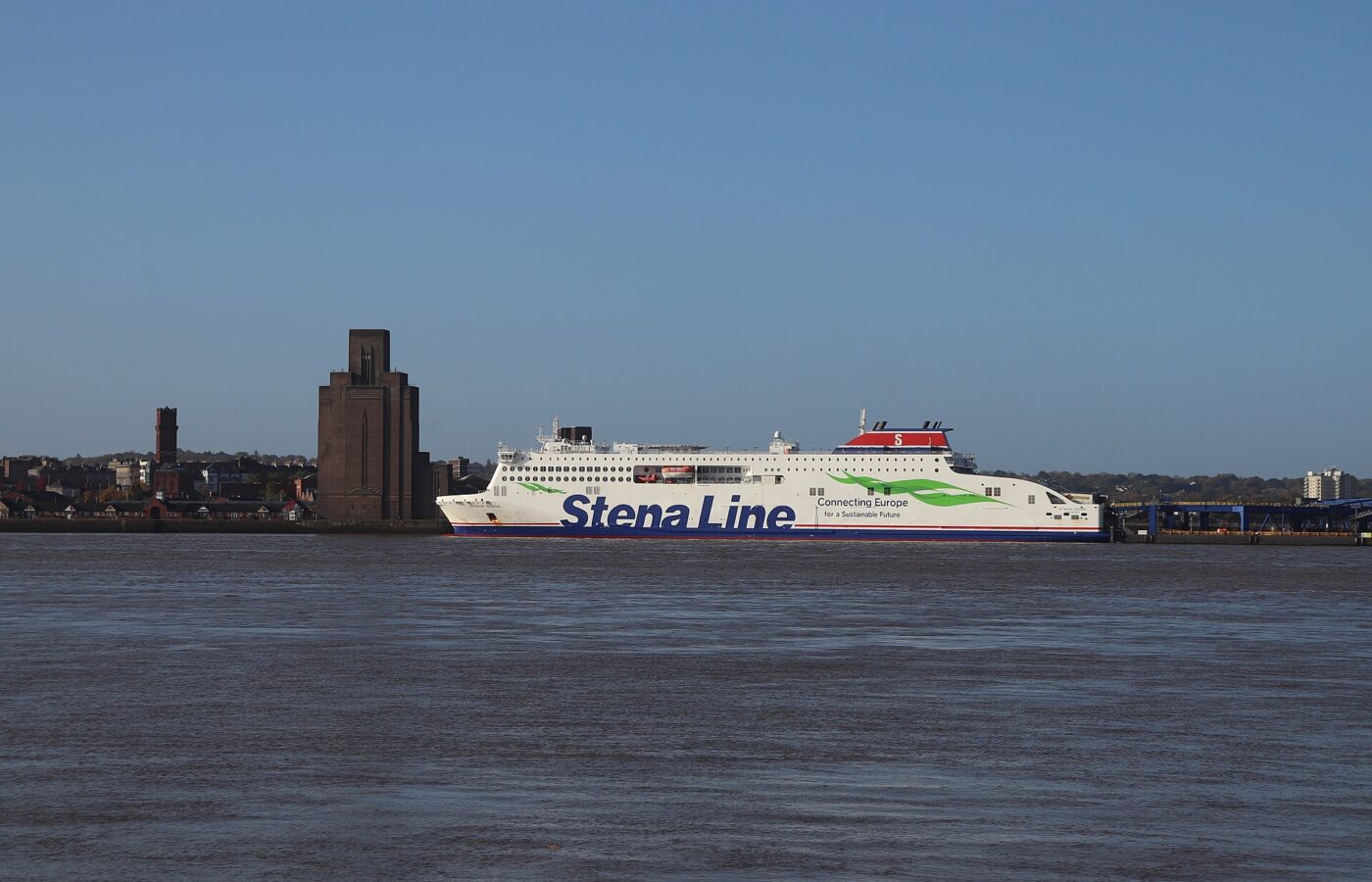 Liverpool to Belfast Ferry & Getting to Ireland from Liverpool 4 The white Stena Line ferry Stena Edda at its Birkenhead berth, seen across the River Mersey from Liverpool, with the tall brick ventilation tower of the Queensway Tunnel on the left